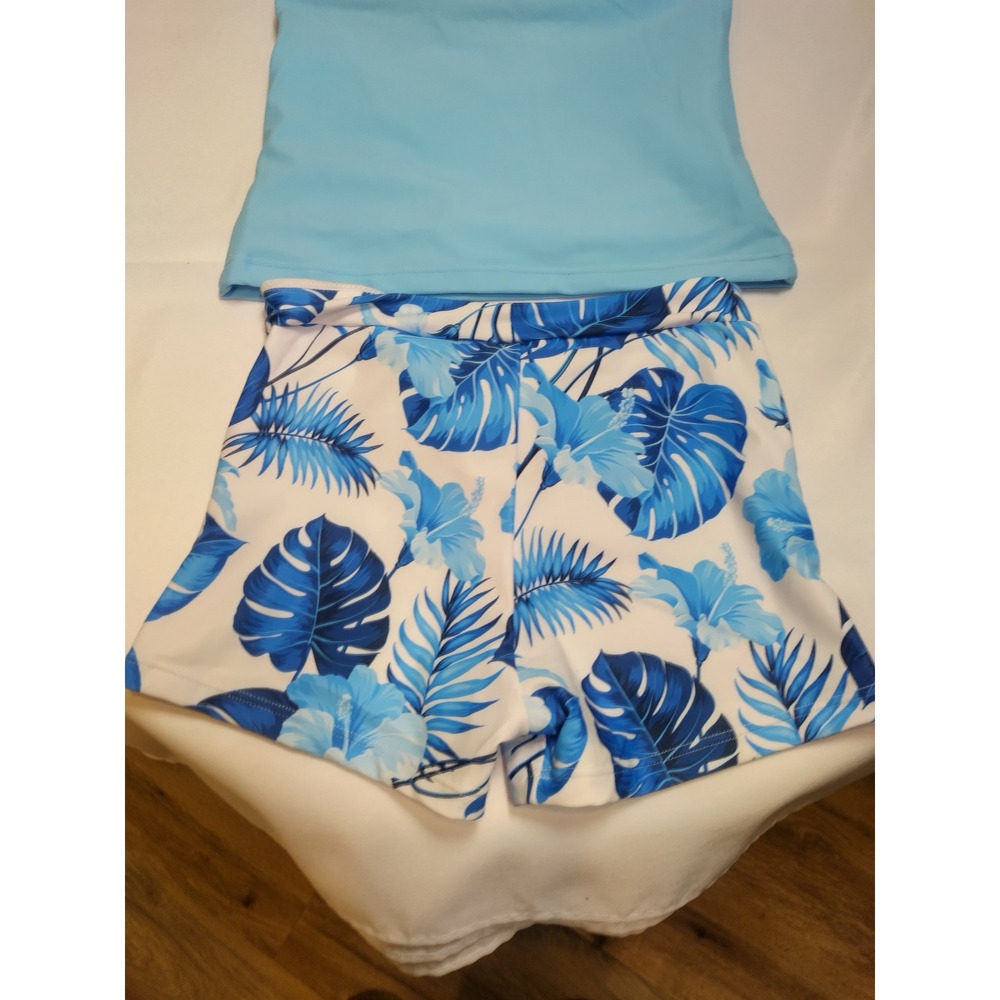 Girls Blue Tropical Tankini Swimsuit Set Ruched Top and Floral Shorts Size 10Y